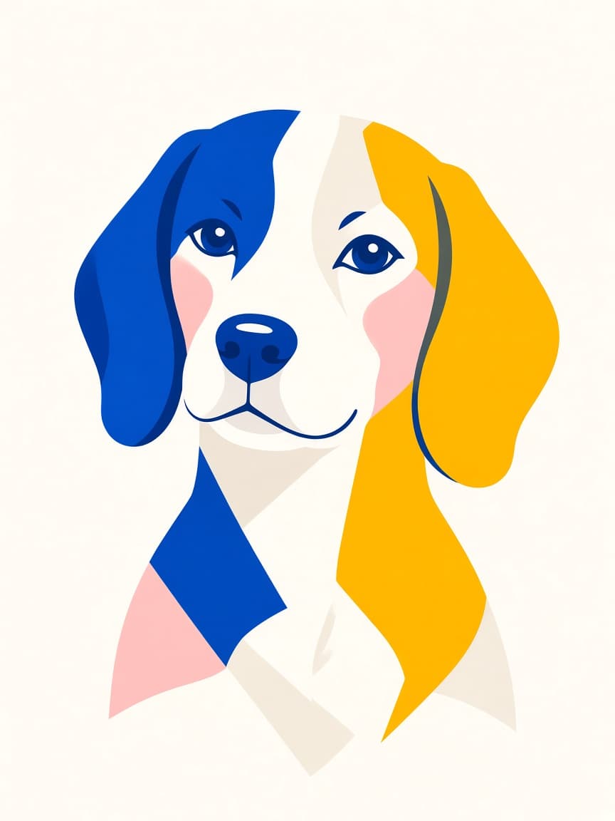 Flat vector illustration of a beagle in blue, yellow and pink.