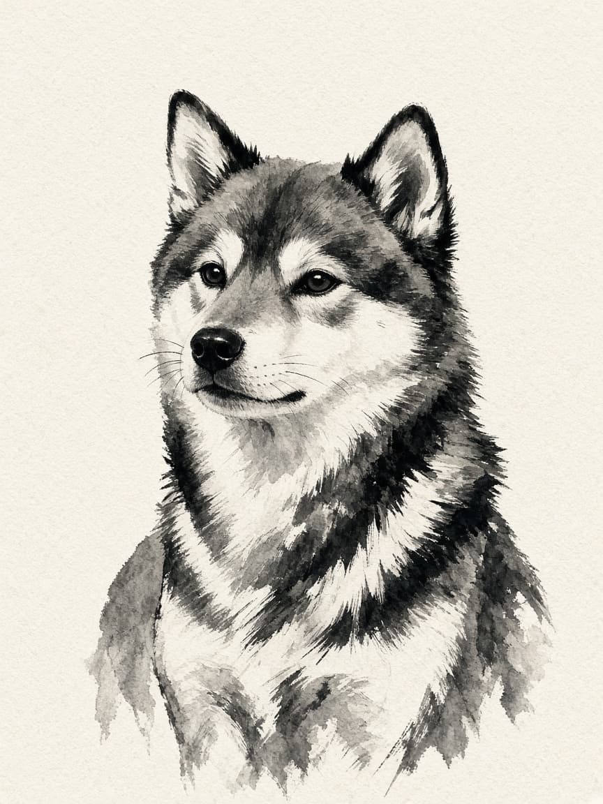 Sumi-e ink wash painting of a shiba inu on rice paper.