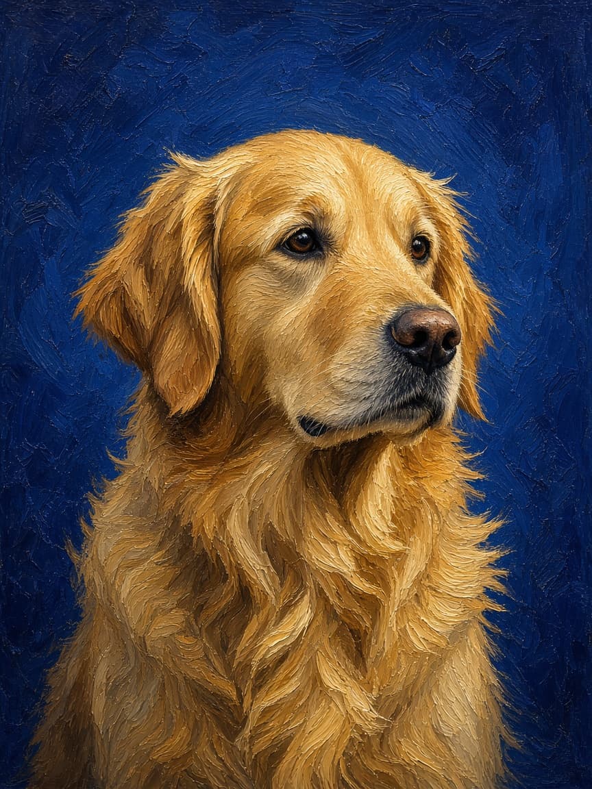 Oil painting of a golden retriever against a deep blue background.