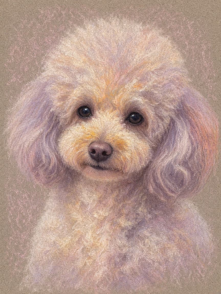 Soft pastel chalk drawing of a poodle in blush and lavender tones.