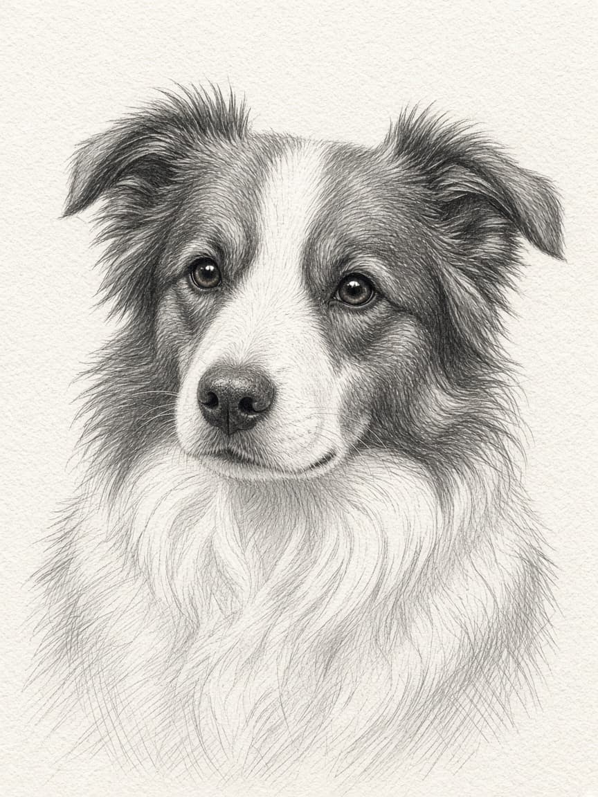 Graphite pencil sketch of a border collie on white paper.