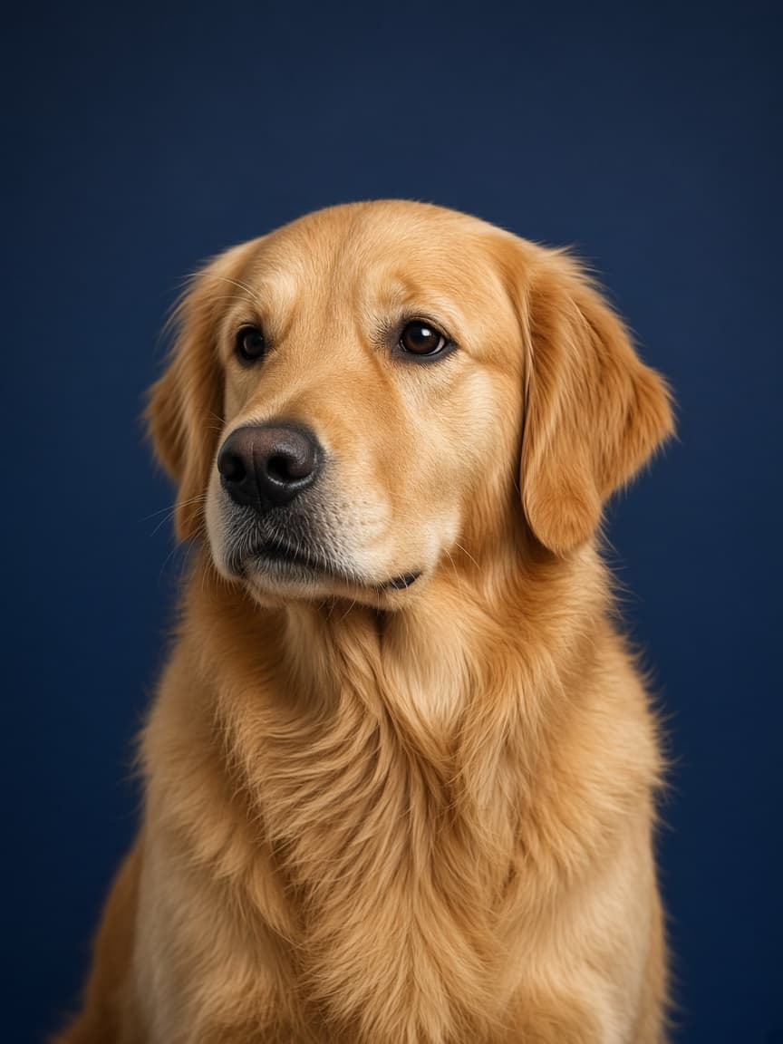 Photograph of a golden retriever against a deep blue backdrop.
