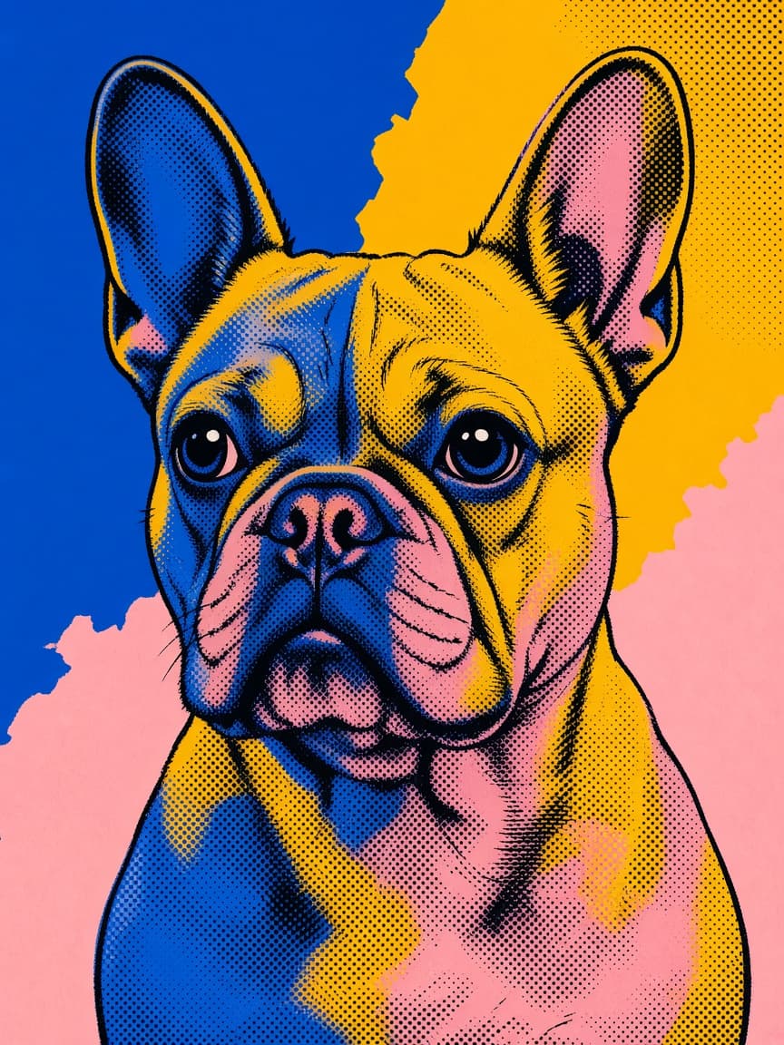 Pop art print of a french bulldog in blue, yellow and pink.