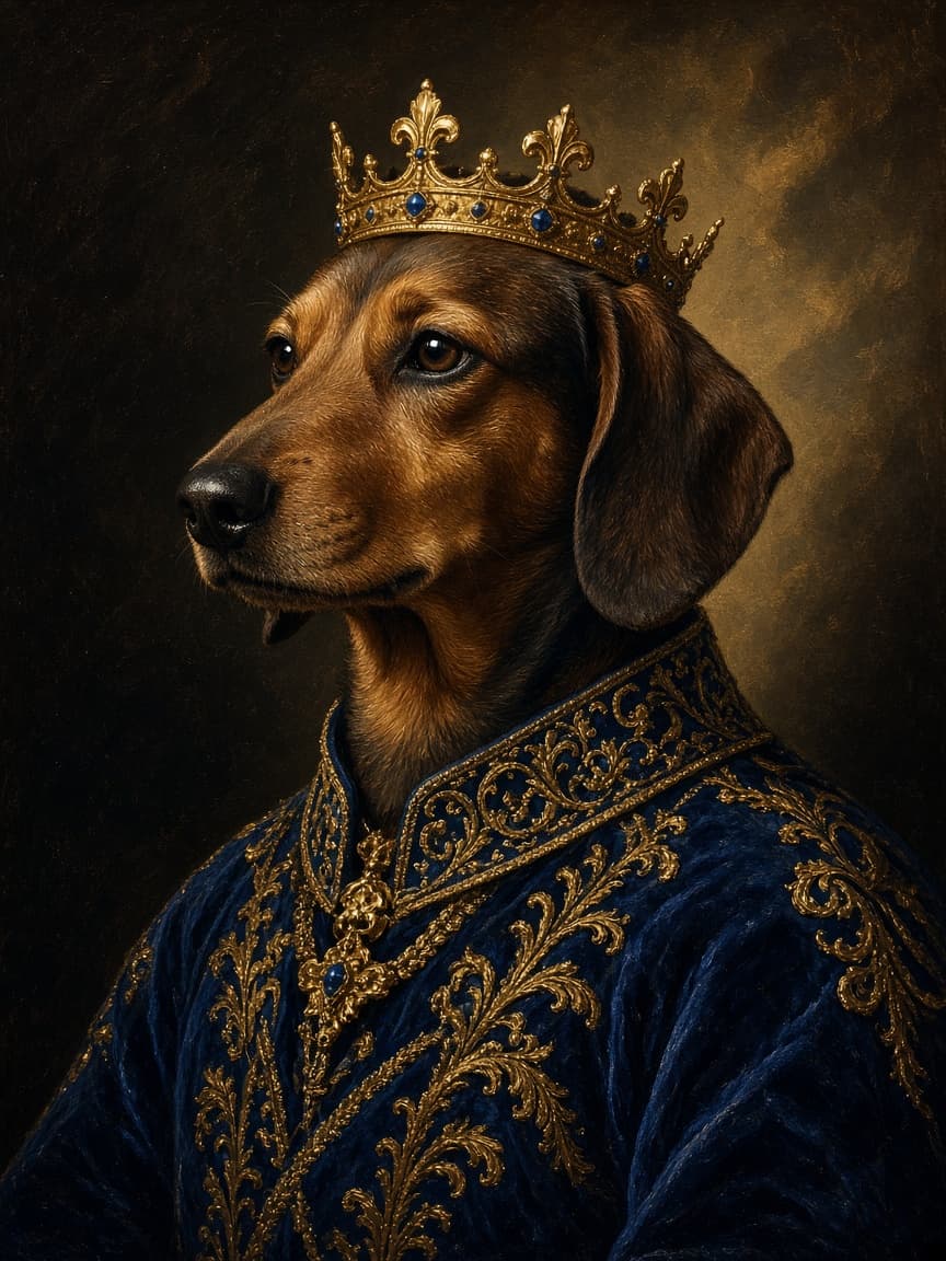 Renaissance-style portrait of a dachshund in a blue velvet coat and gold crown.