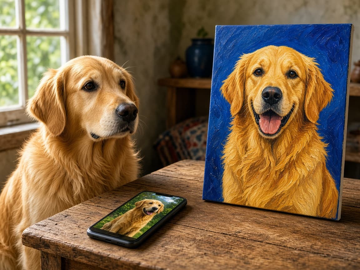 A golden retriever beside a phone snapshot and a painted portrait of the same dog.