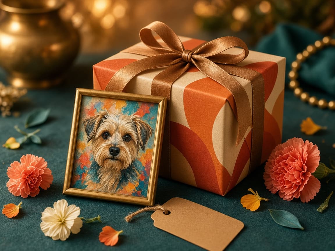 A wrapped gift with a small framed dog portrait.