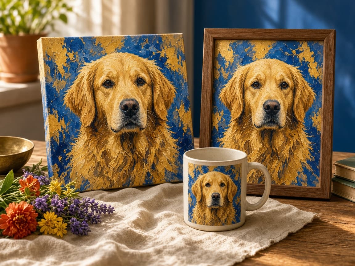 A painted dog portrait on canvas, in a frame, and on a mug.