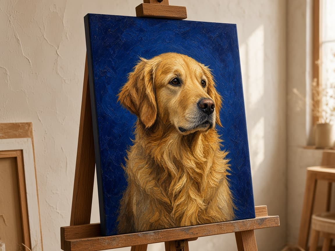 Example oil painting of a golden retriever printed on a gallery-wrapped canvas.