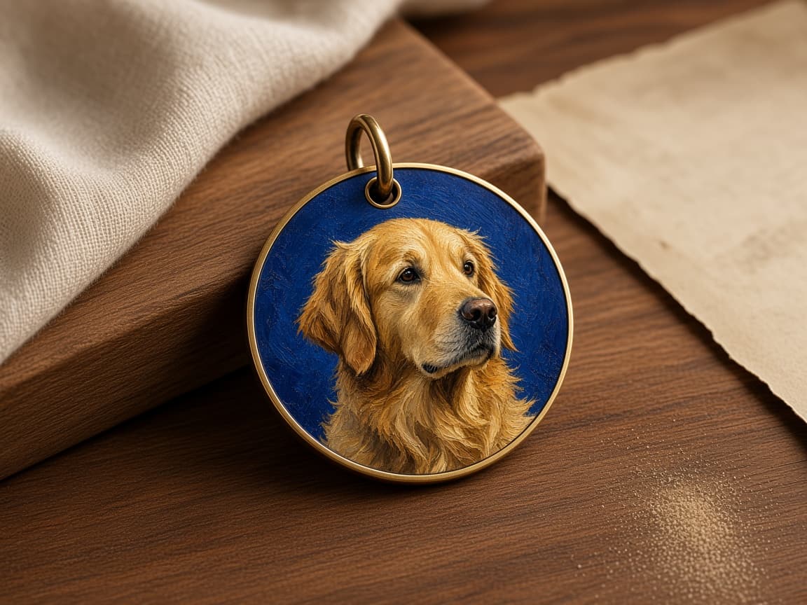 Example oil painting of a golden retriever printed on a brass dog tag.