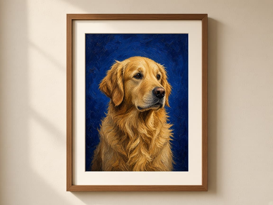Example oil painting of a golden retriever in a walnut frame.