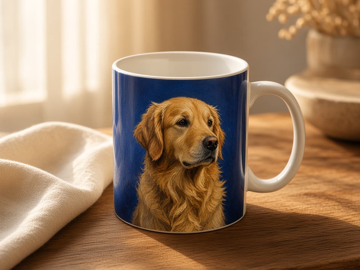Example oil painting of a golden retriever printed on a ceramic mug.