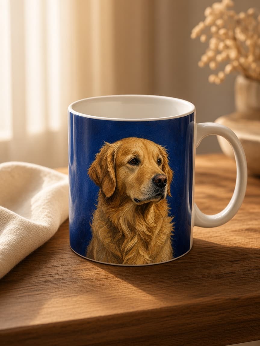 The same golden retriever as an oil painting printed on a ceramic mug.
