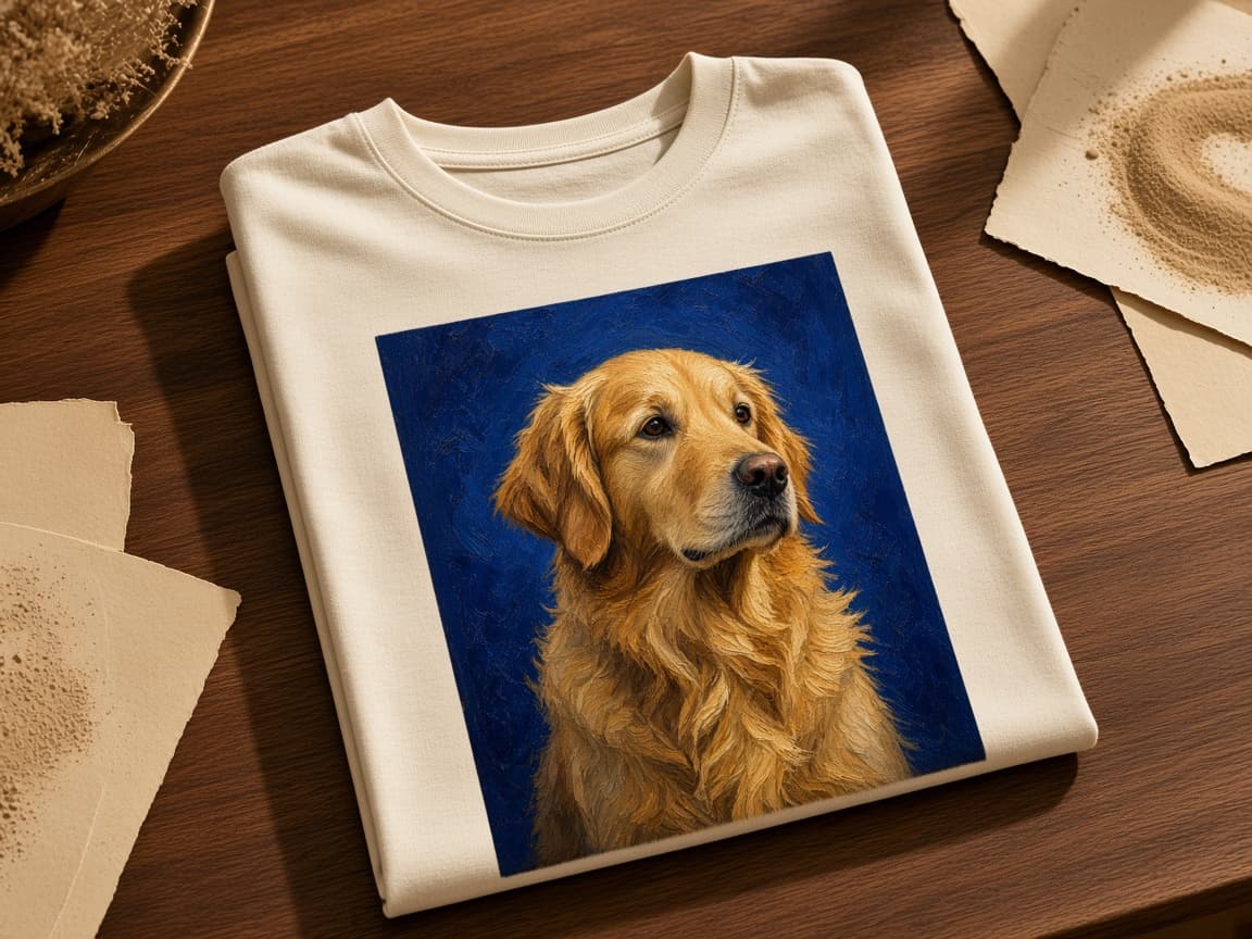 Example oil painting of a golden retriever printed on a cream t-shirt.